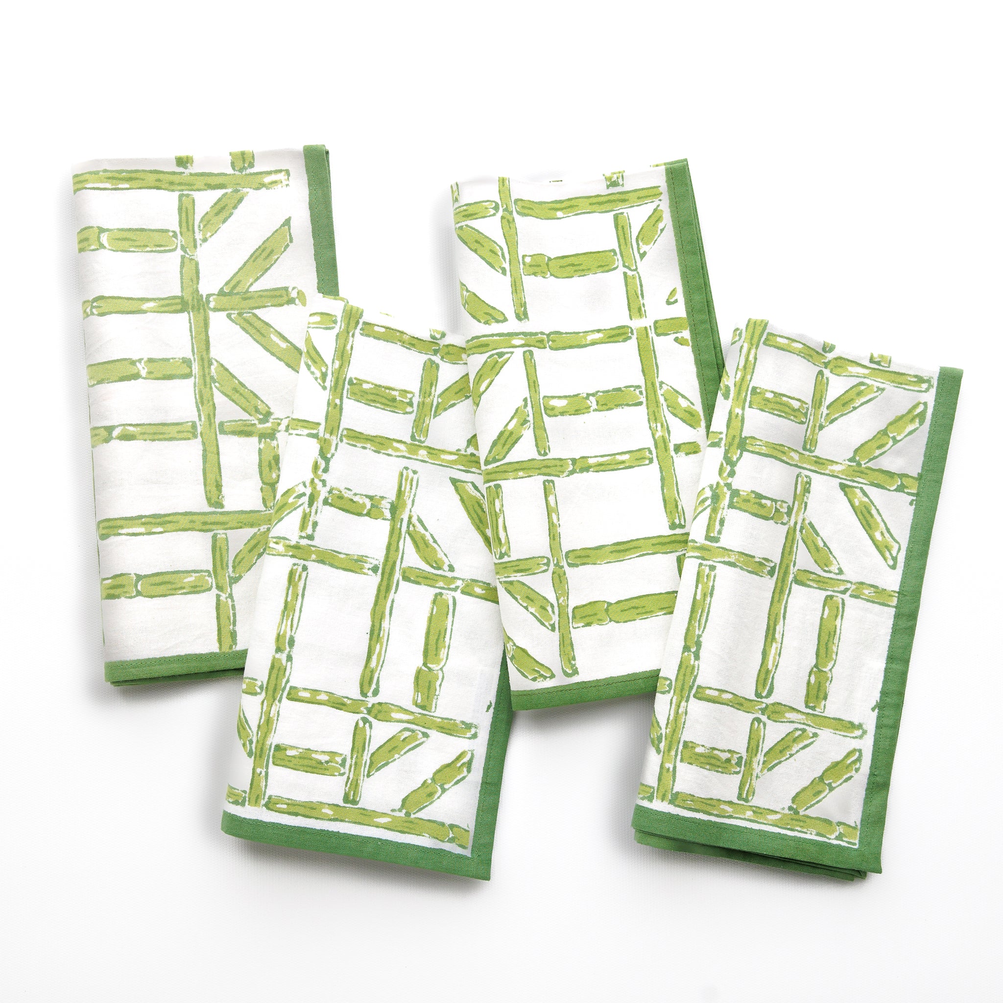 Green Bamboo Hand Block Printed Geometric Cotton Napkins