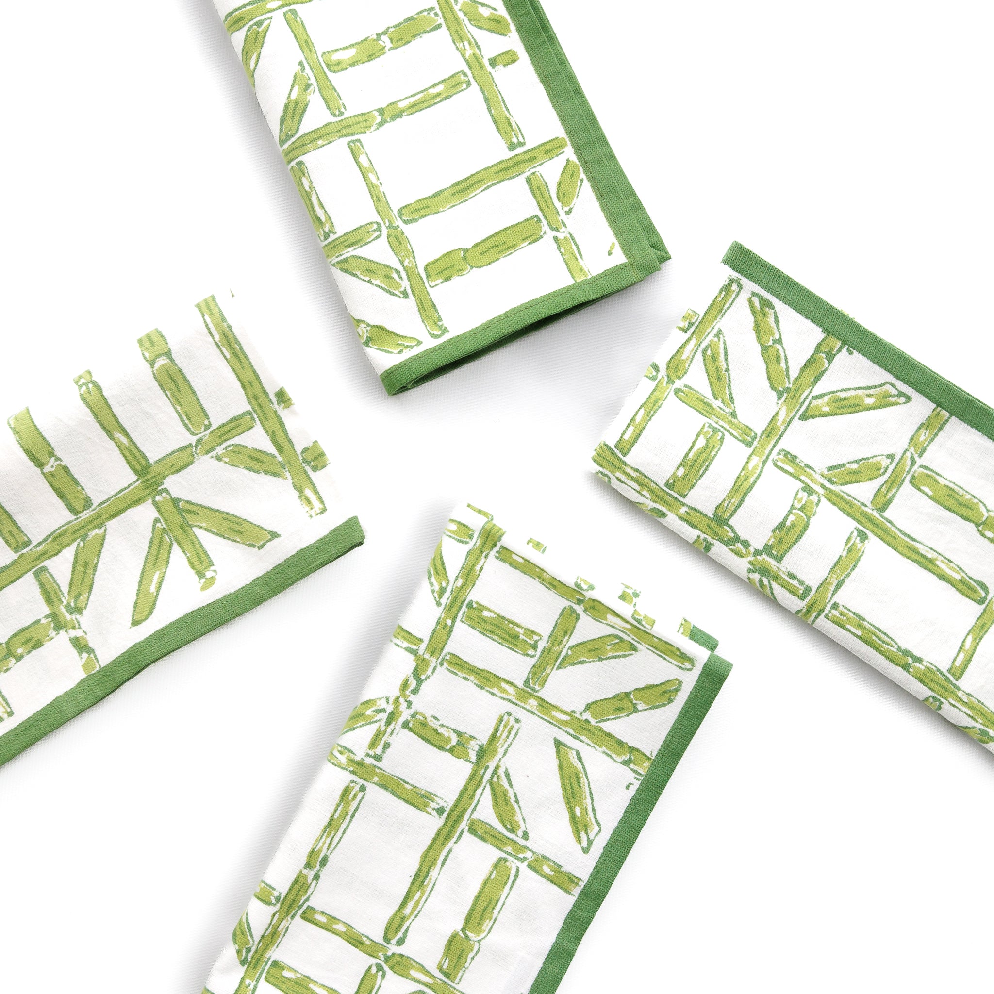 Green Bamboo Hand Block Printed Geometric Cotton Napkins