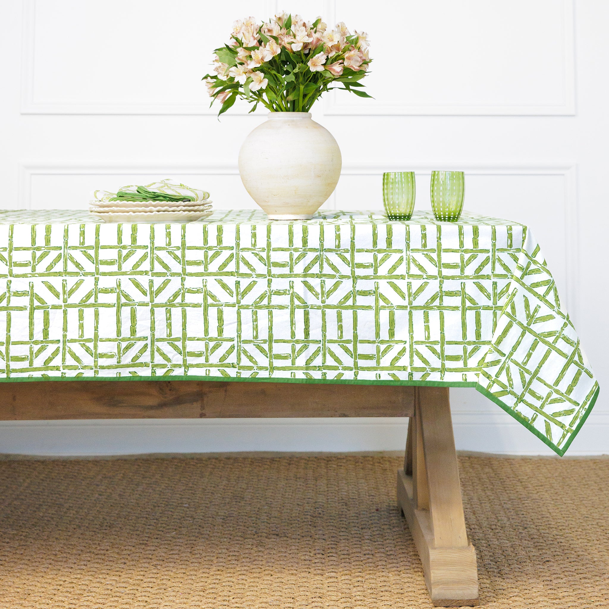 Green Bamboo Hand Block Printed Geometric Cotton Tablecloth