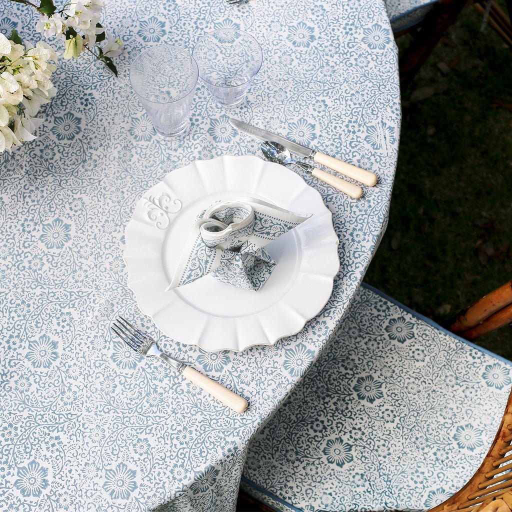 India Hicks Home Desert Rose Saltwater Blue Tablecloth - Pomegranate