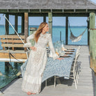 India Hicks Home Hummingbird Saltwater Blue Tablecloth - Pomegranate