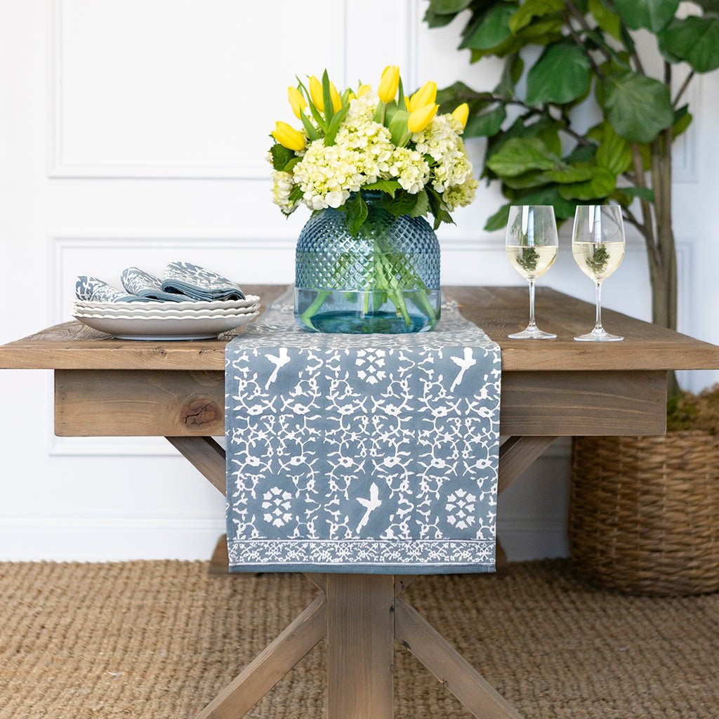 India Hicks Home Hummingbird Saltwater Blue Table Runner - Pomegranate