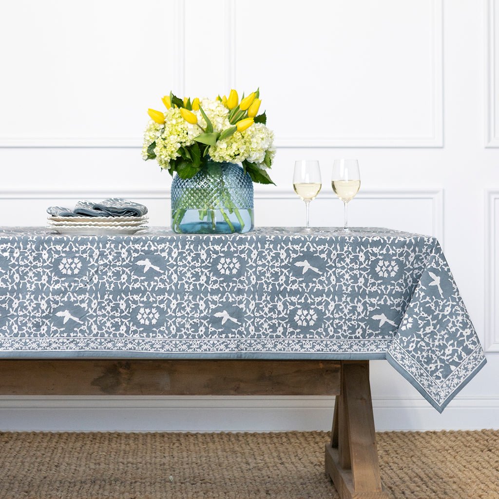 India Hicks Home Hummingbird Saltwater Blue Tablecloth - Pomegranate