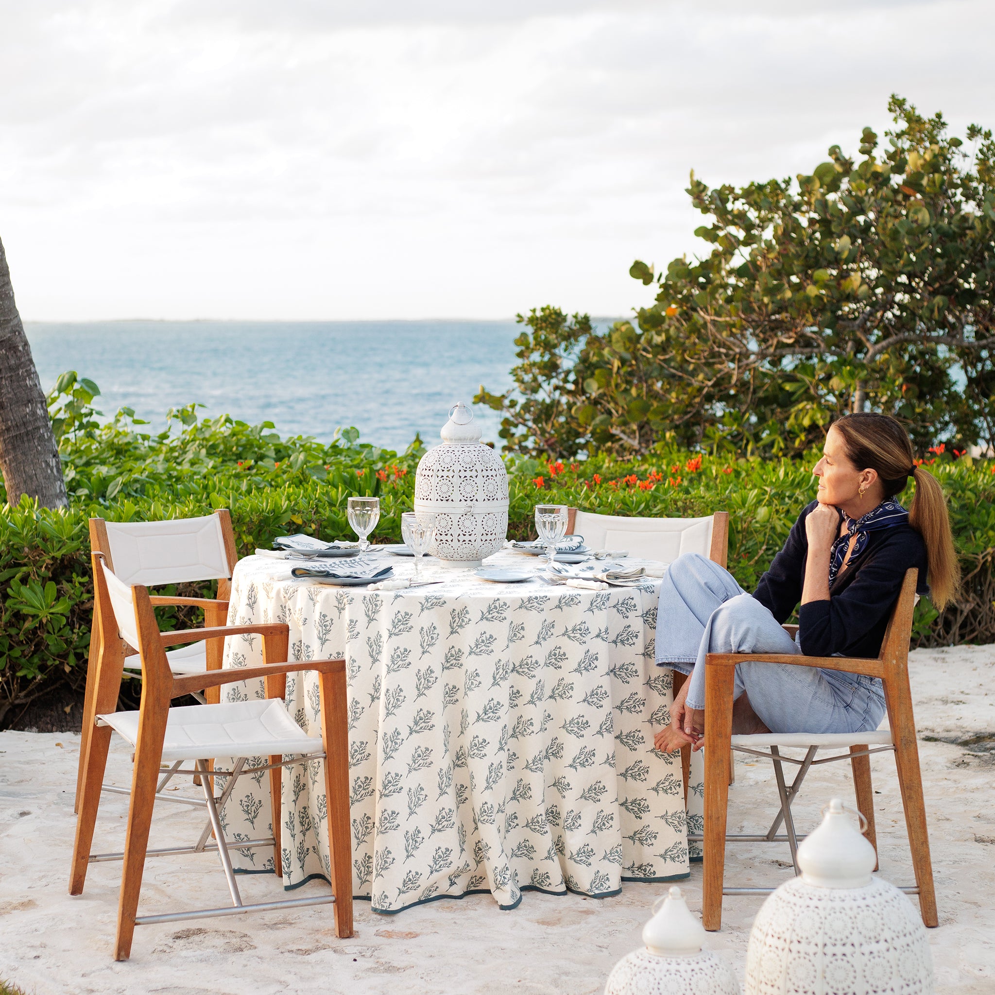 India Hicks Home x Pomegranate Thistle Dusty Sky Blue & White Hand Block Printed Tablecloth