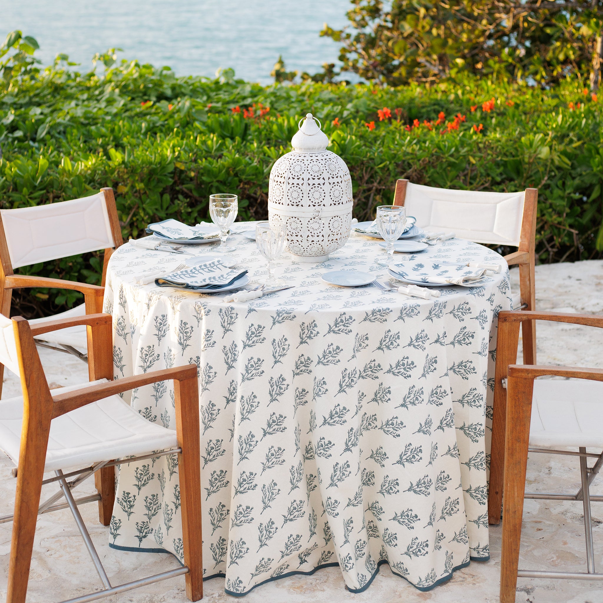 India Hicks Home x Pomegranate Thistle Dusty Sky Blue & White Hand Block Printed Tablecloth