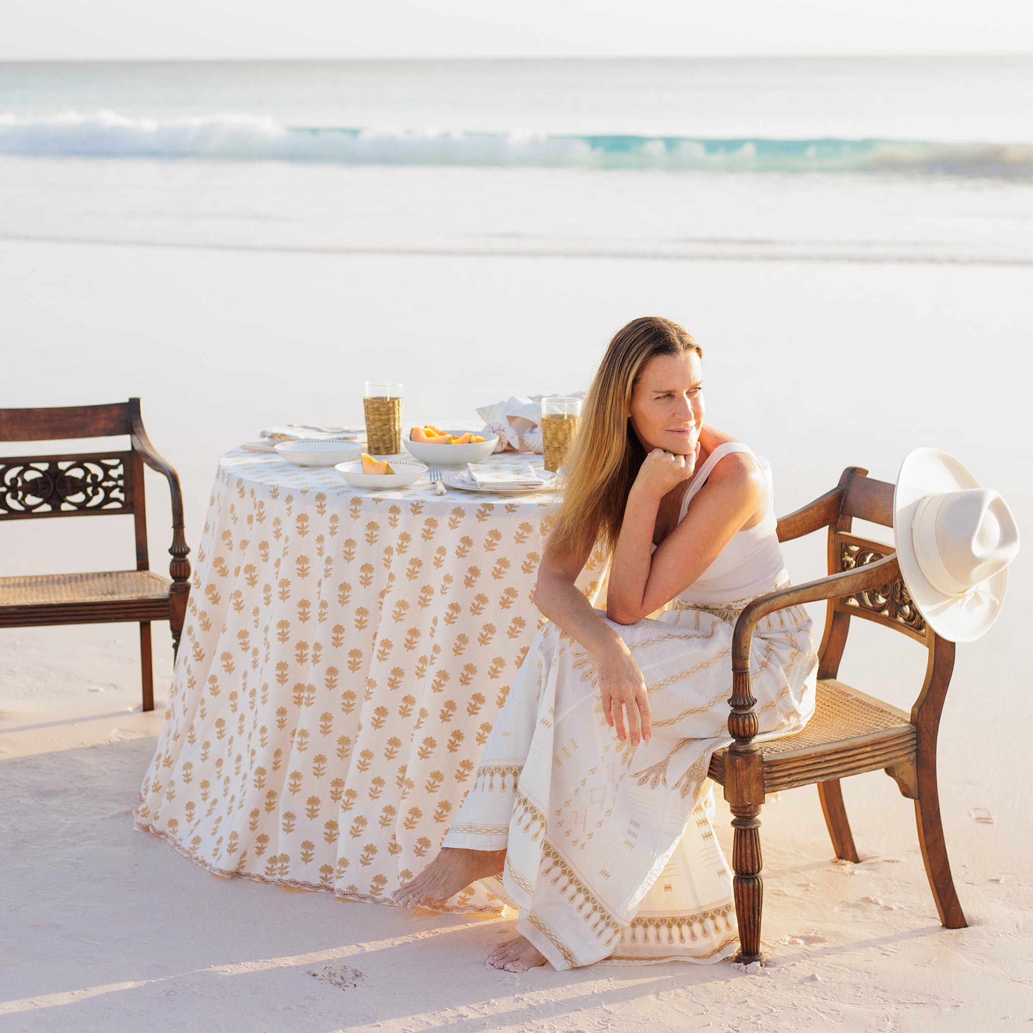 India Hicks Home x Pomegranate Winter Flower Sand Beige & White Hand Block Printed Tablecloth