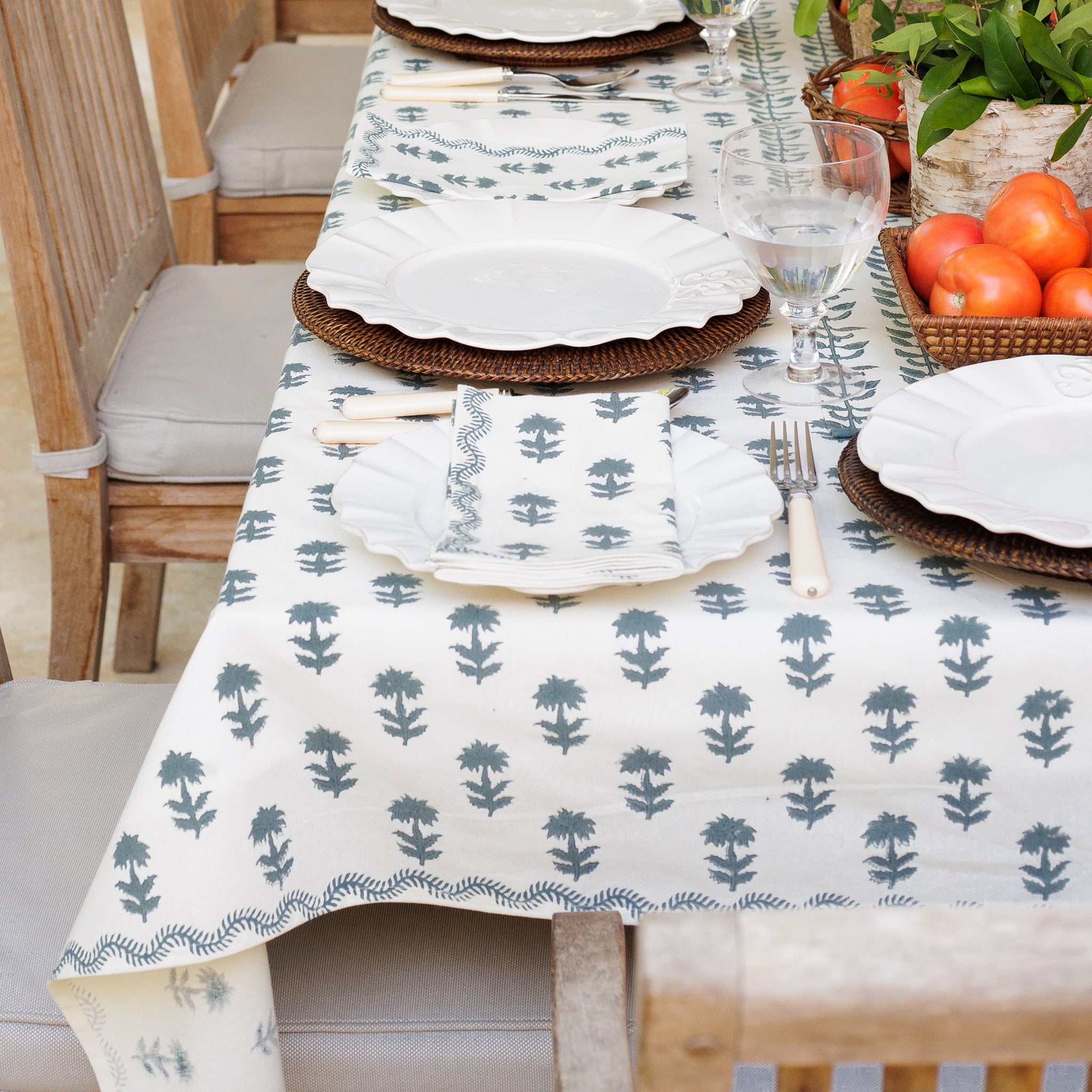 India Hicks Home x Pomegranate Winter Flower Dusty Sky Blue & White Hand Block Printed Cotton Tablecloth