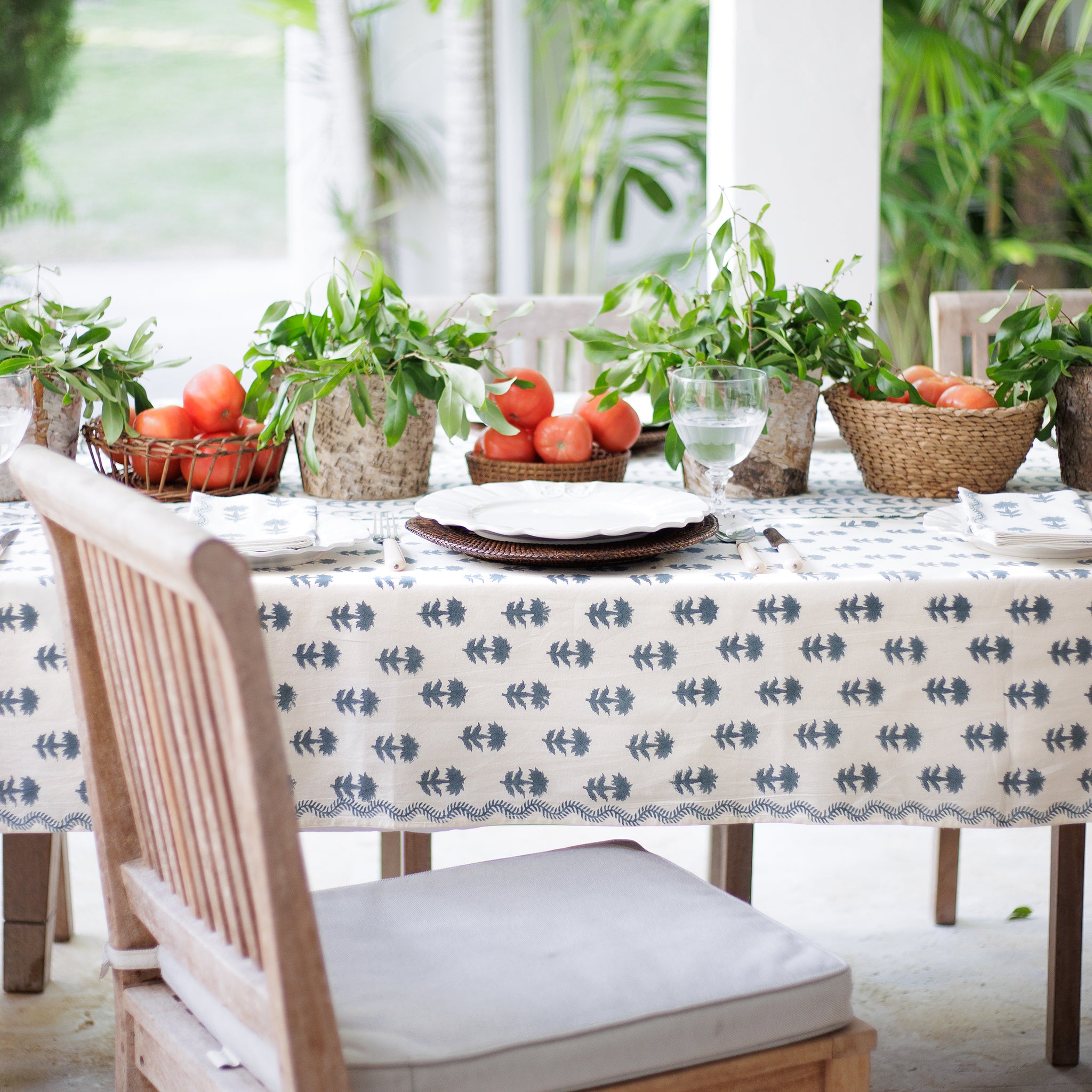 India Hicks Home x Pomegranate Winter Flower Dusty Sky Blue & White Hand Block Printed Cotton Tablecloth