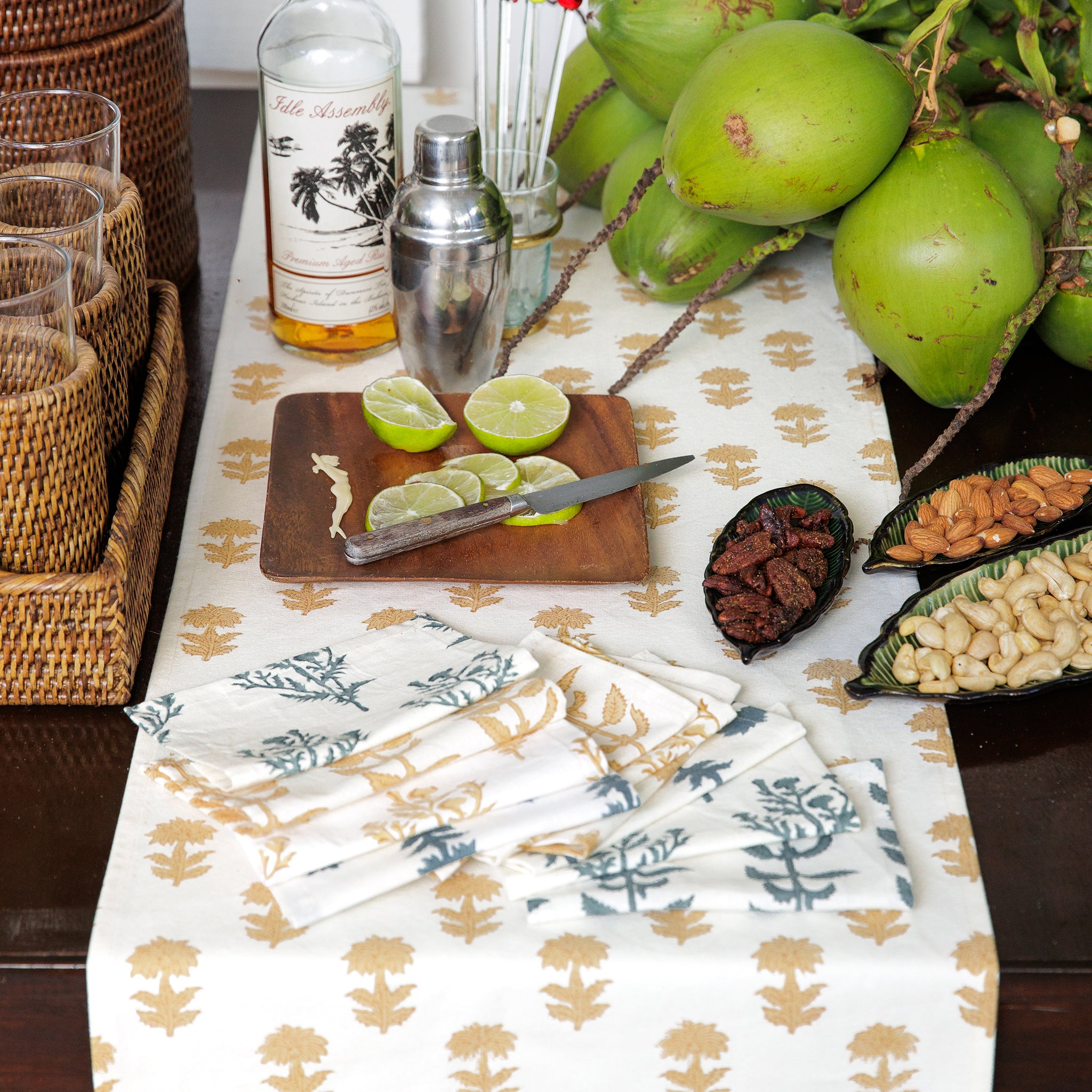 India Hicks Home x Pomegranate The Wildflower Collection Mixed Cocktail Napkins & Winter Flower Sand Beige and White Hand Block Printed Table Runner