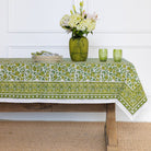 Green & white floral hand block printed cotton tablecloth