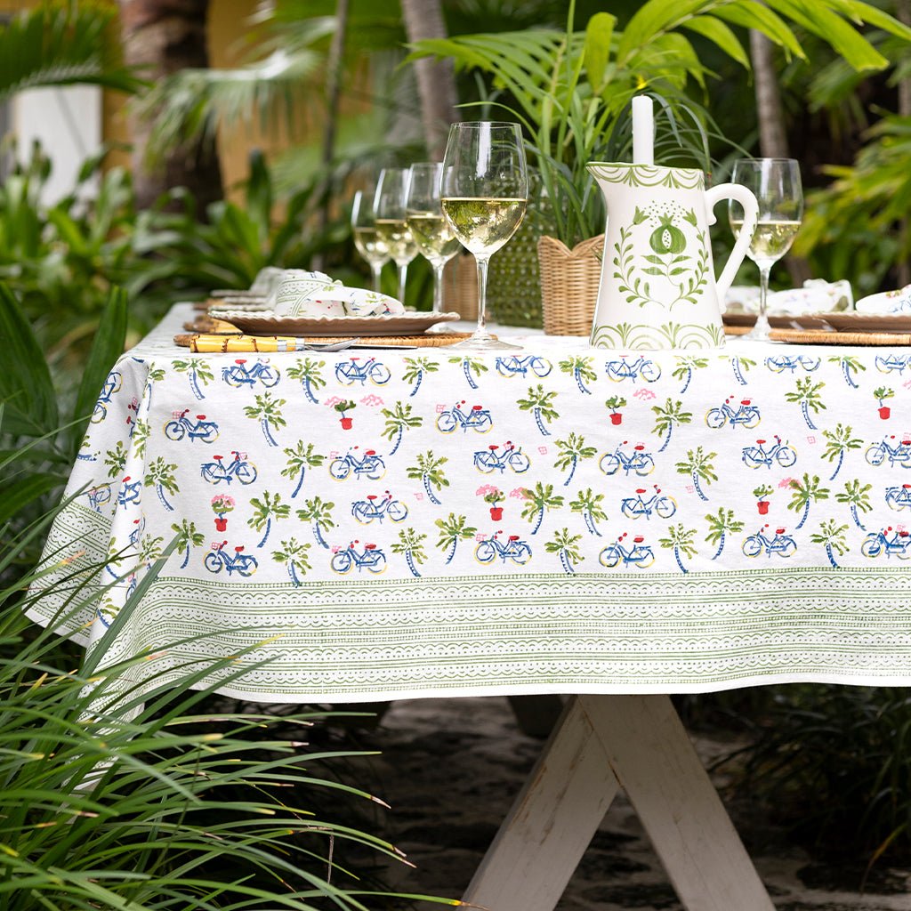 Tablecloth with bicycle pattern on a table outdoors