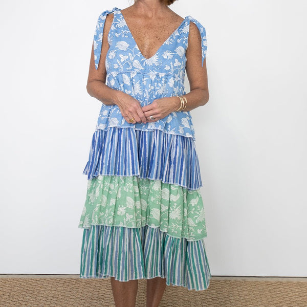 Morning Meadow Blue Layered Ruffle Midi Dress XL Morning Meadow Blue Layered Ruffle Midi Dress XL