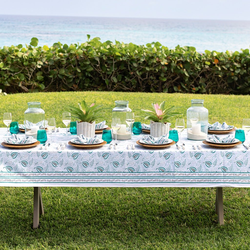 Paisley Vine Aqua Tablecloth - Pomegranate