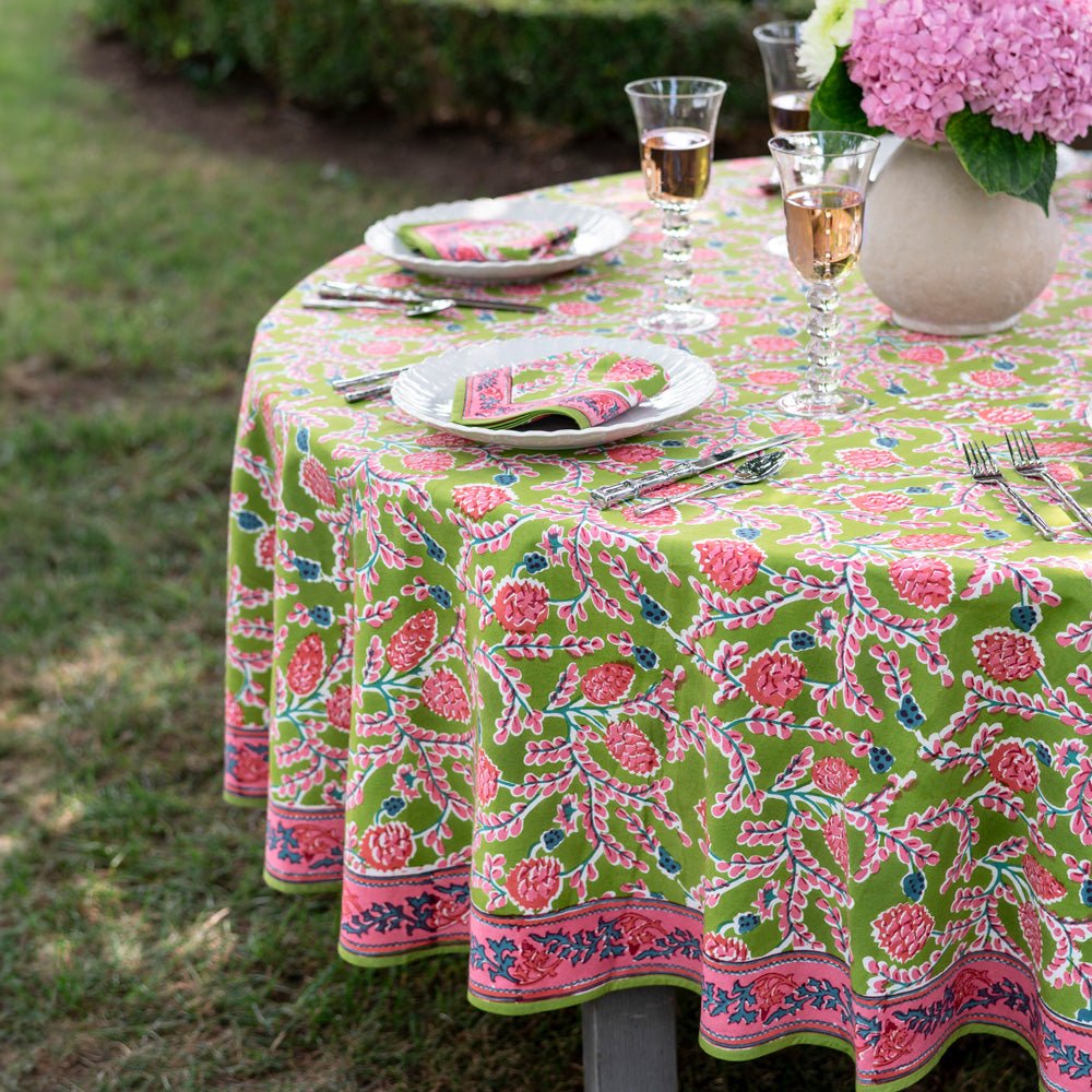 Green & pink pinecone botanical block printed tablecloth