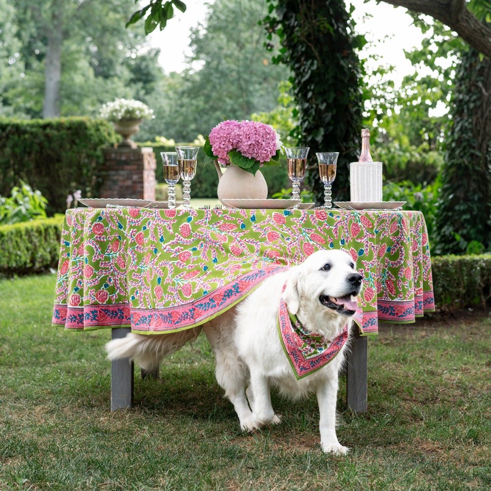 Green & pink pinecone botanical block printed tablecloth