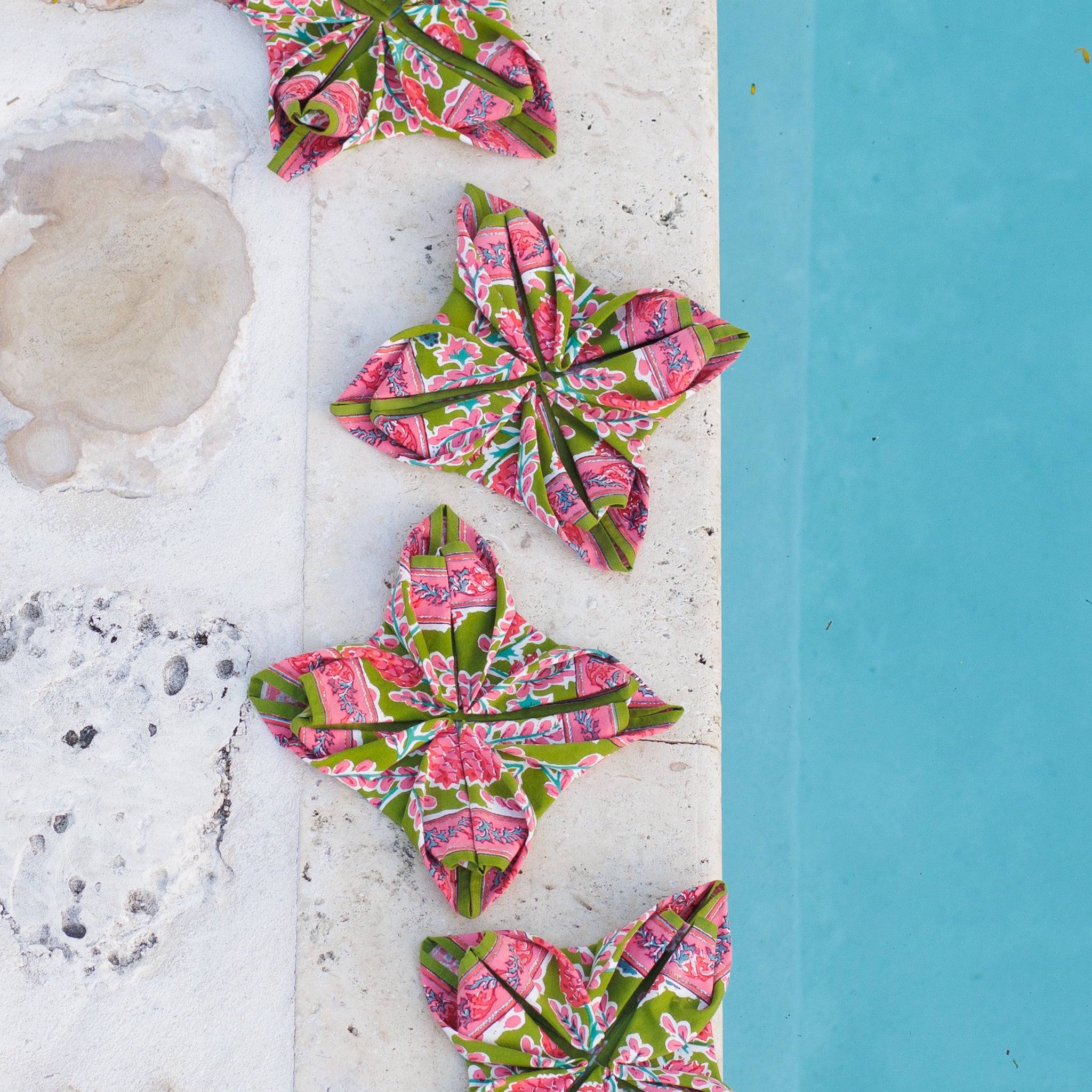 Green & pink botanical pinecone hand block printed cotton napkins