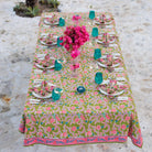 Green & pink pinecone botanical block printed tablecloth