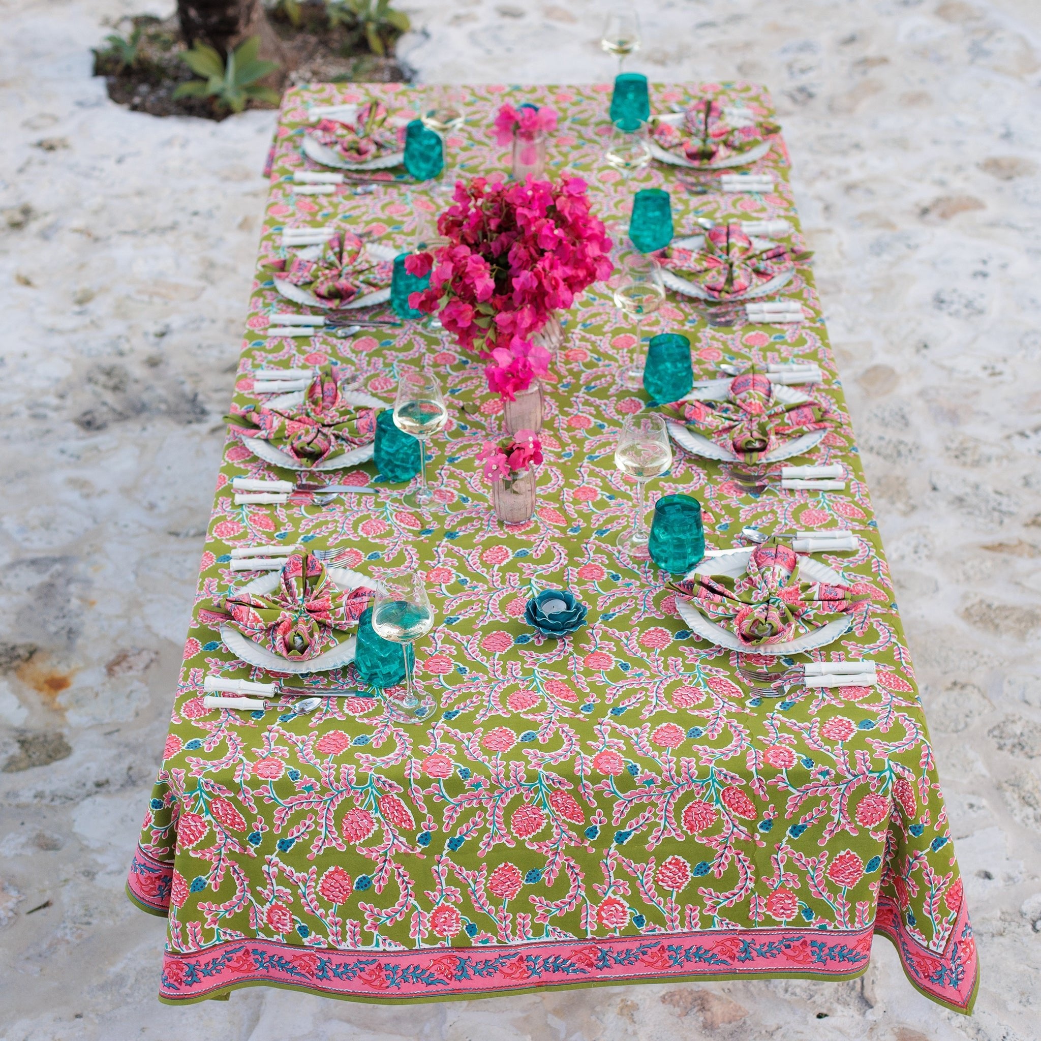 Green & pink pinecone botanical block printed tablecloth