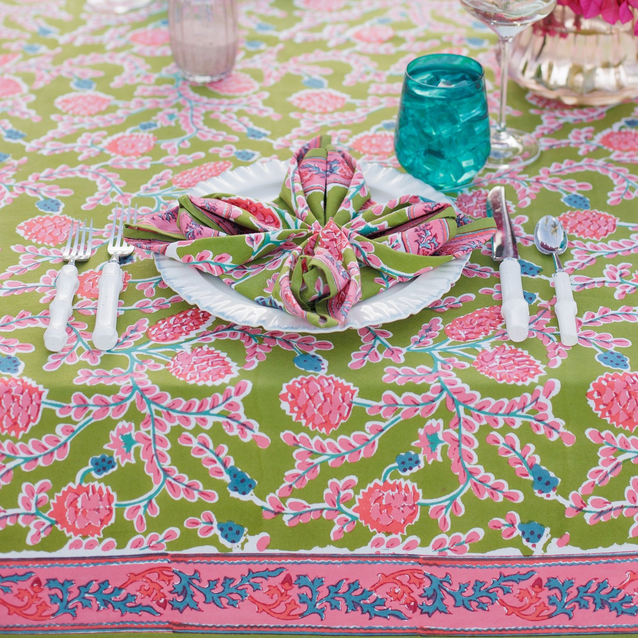 Green & pink botanical pinecone hand block printed cotton napkins