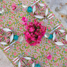 Green & pink pinecone botanical block printed tablecloth