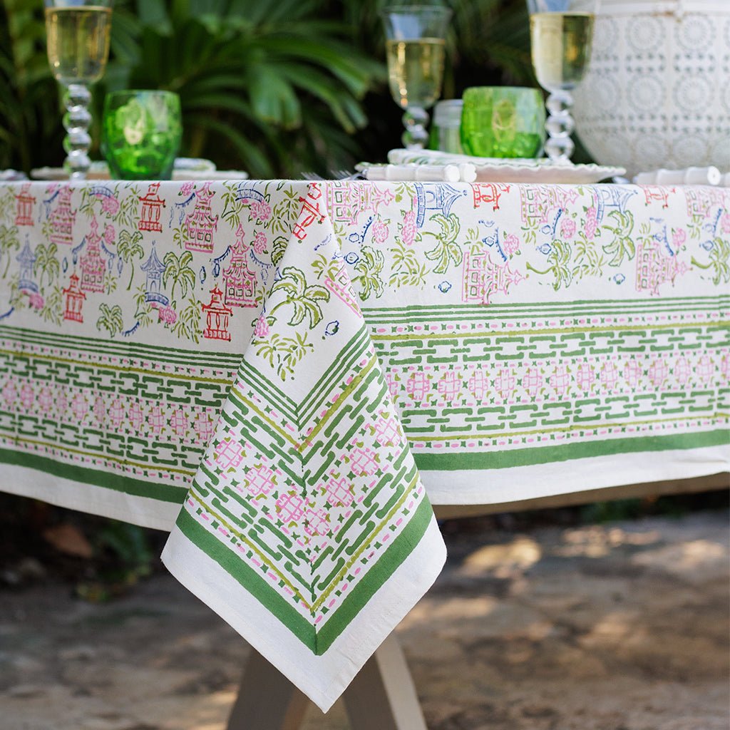 Palms & Pagodas Tablecloth - Pomegranate