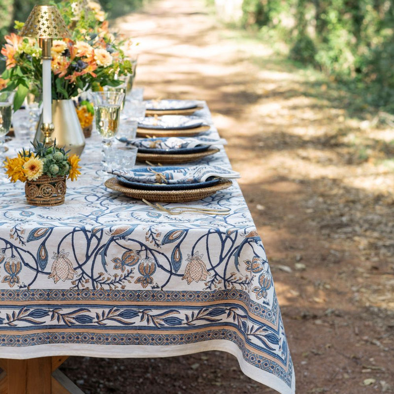 Peacock & Poms Blue Tablecloth — 55x55