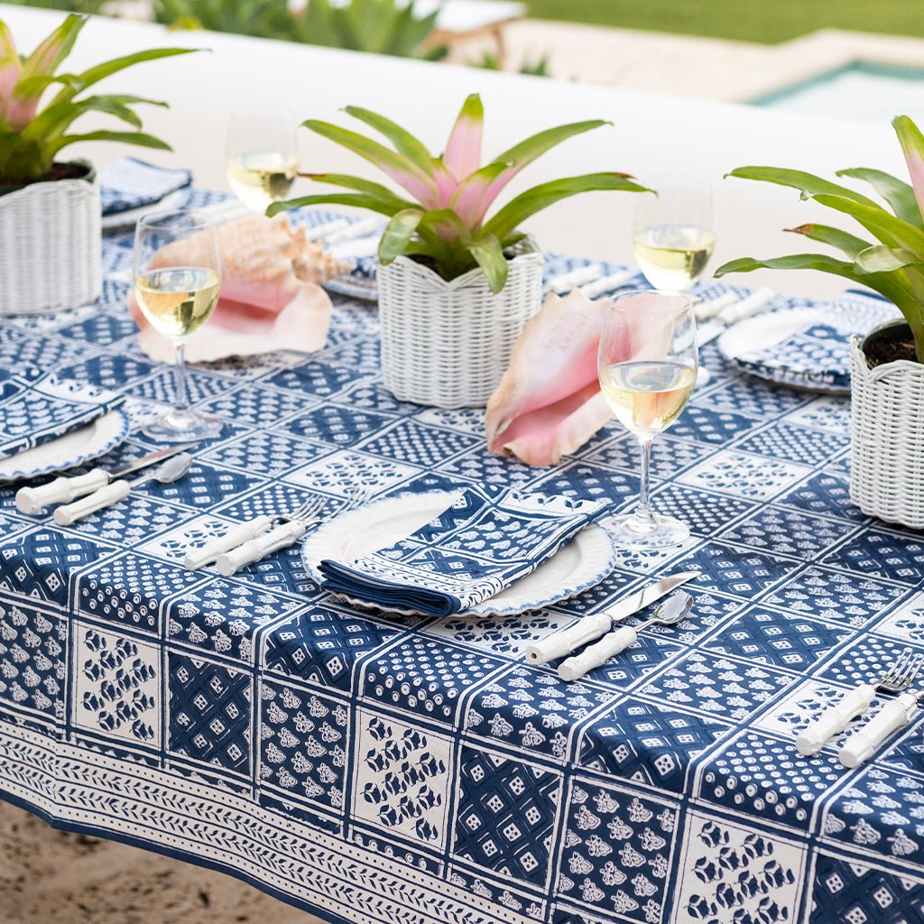 Pom Buti Patchwork Blue Tablecloth - Pomegranate
