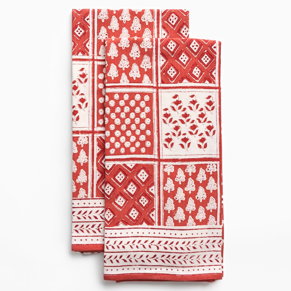 Pom Buti Patchwork Red Tea Towels - Pomegranate