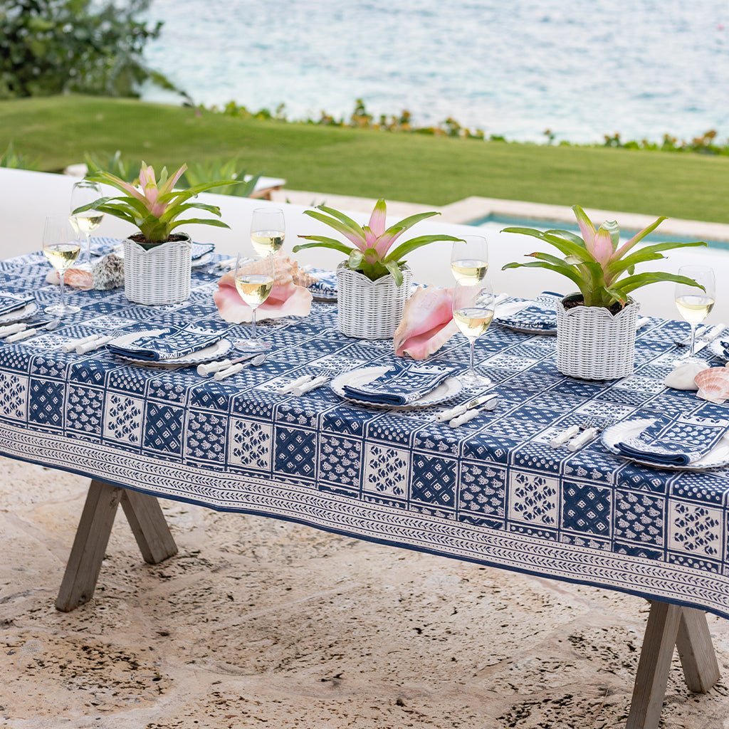 Pom Buti Patchwork Blue Tablecloth - Pomegranate
