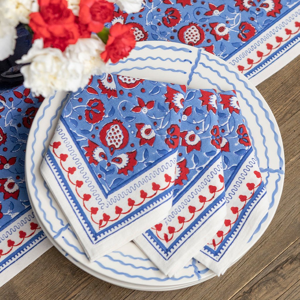 Pom Fan Flower Blue & Red Napkin | Set of 4 - Pomegranate