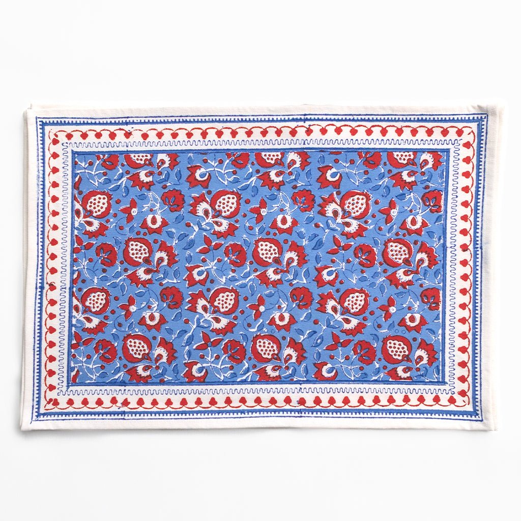 Pom Fan Flower Blue & Red Placemat | Set of 4 - Pomegranate