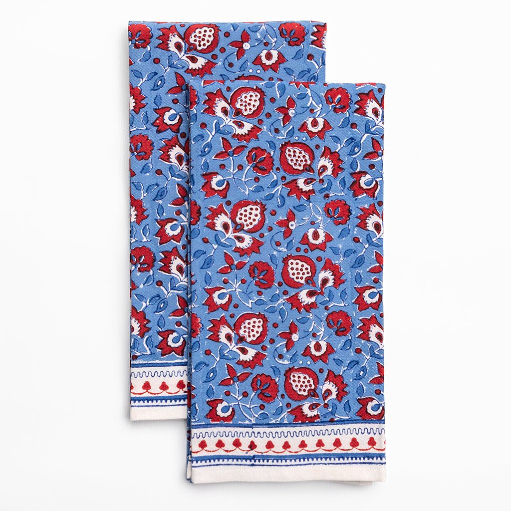 Pom Fan Flower Blue & Red Tea Towels - Pomegranate