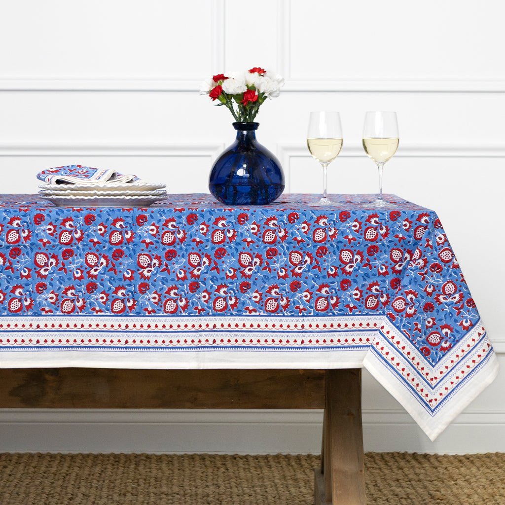 Pom Fan Flower Blue & Red Tablecloth - Pomegranate