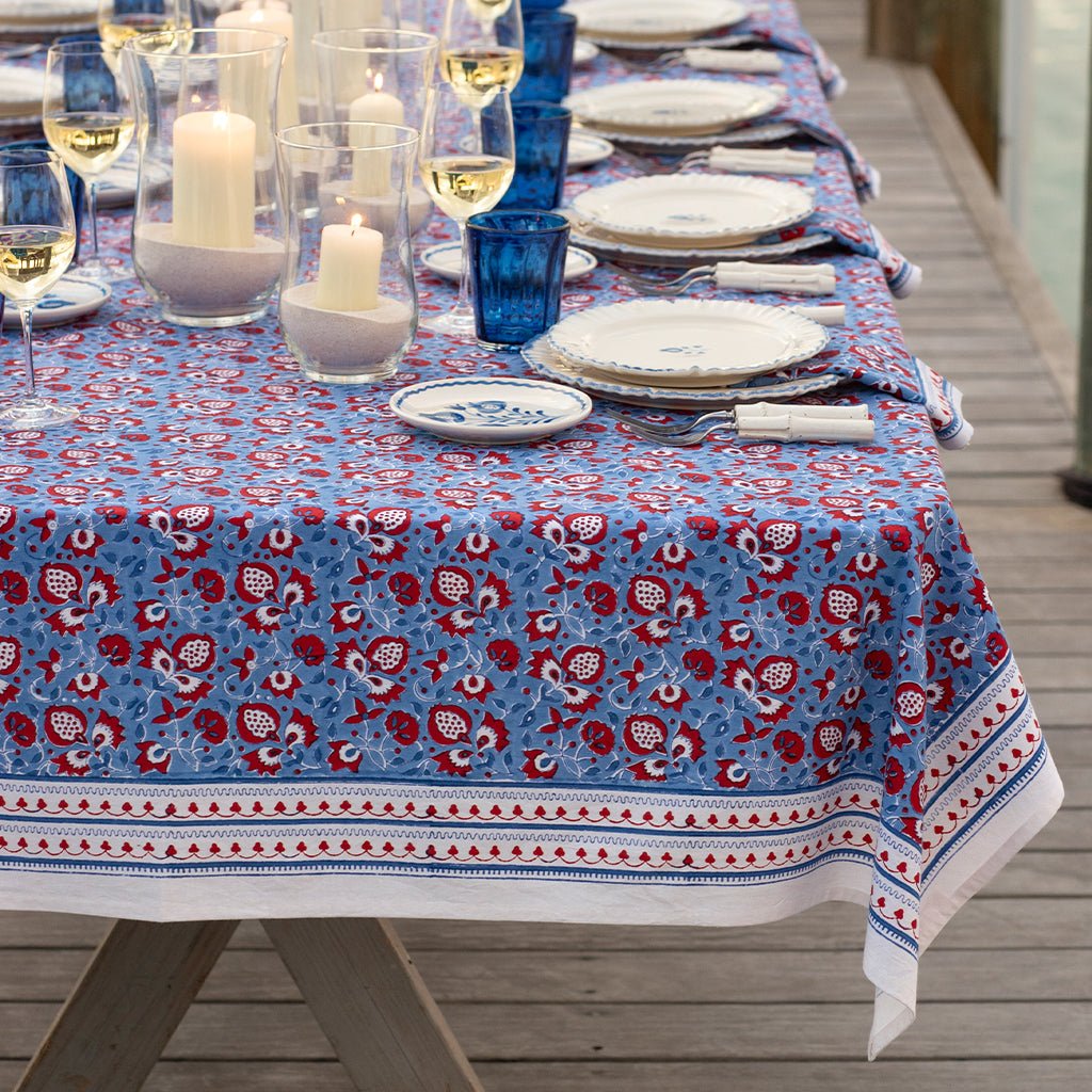 Pom Fan Flower Blue & Red Tablecloth - Pomegranate