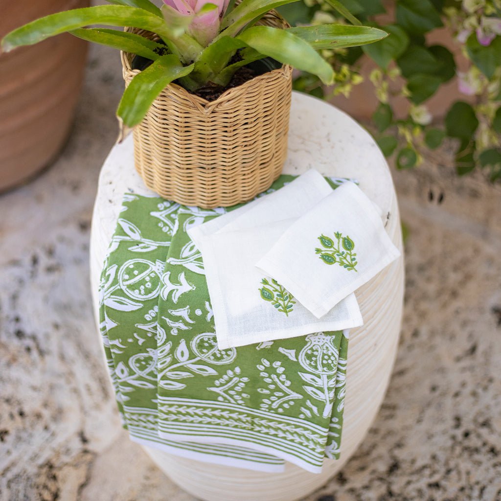 Pomegranate Trio Green Linen Cocktail Napkin | Set of 4 - Pomegranate