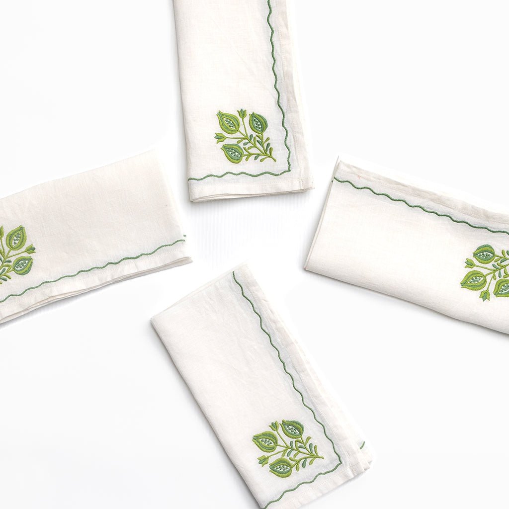 Pomegranate Trio Green Linen Napkin | Set of 4 - Pomegranate