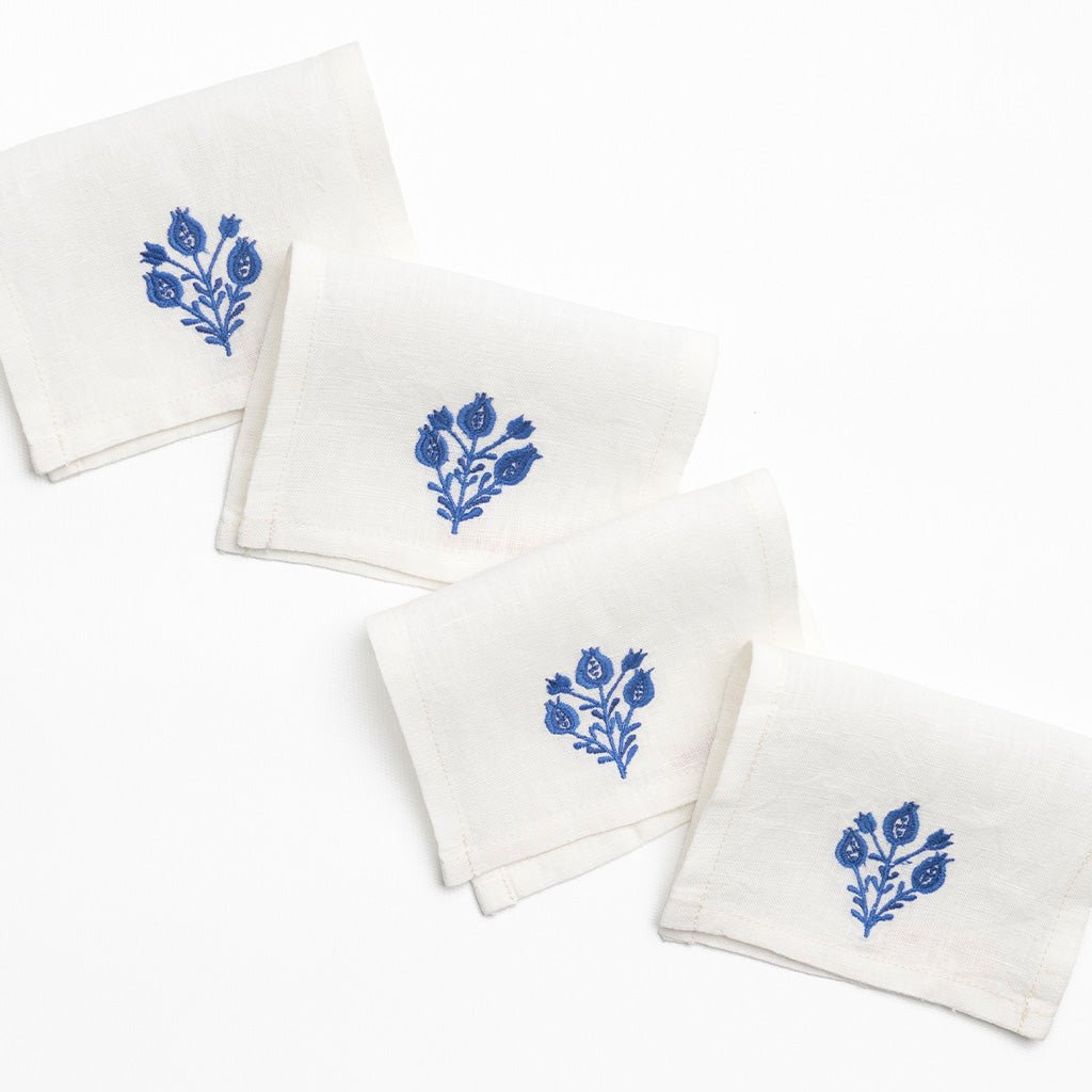 Pomegranate Trio Cobalt Linen Cocktail Napkin | Set of 4 - Pomegranate