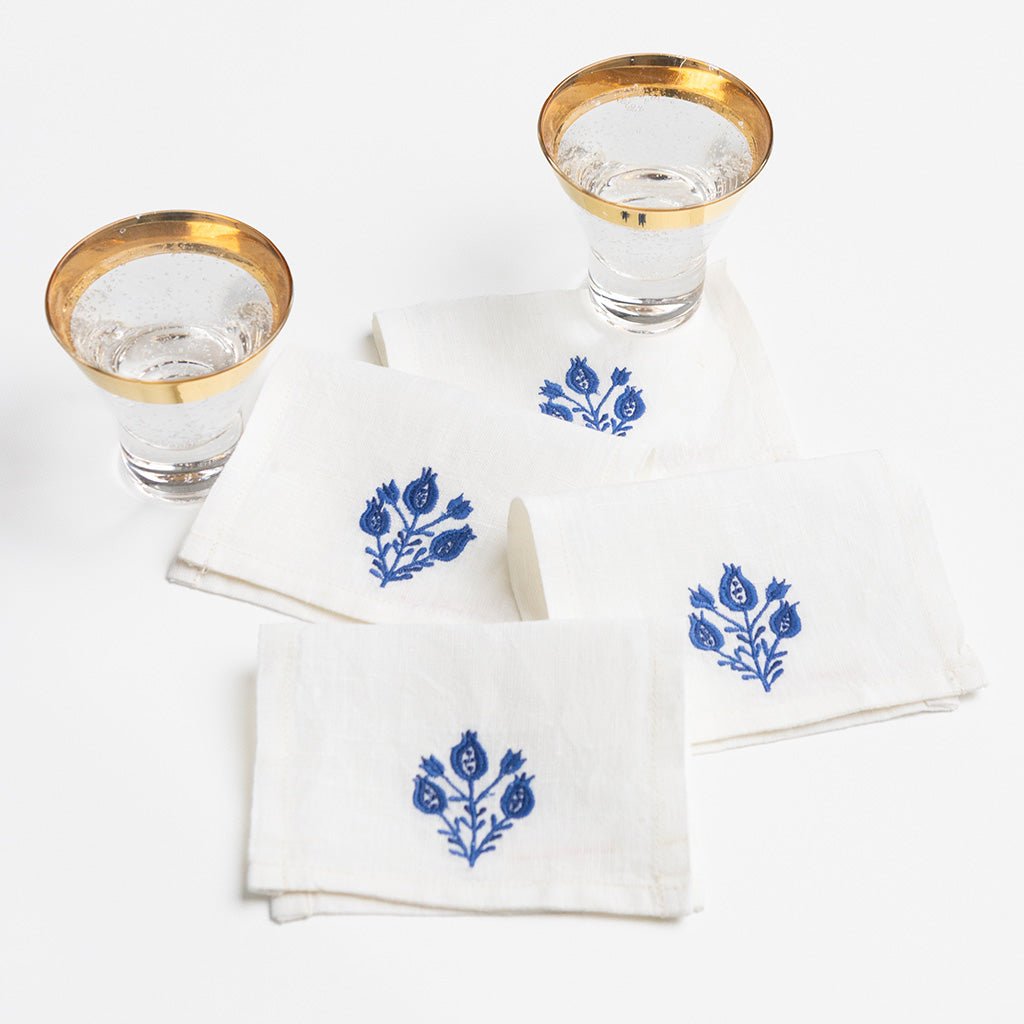 Pomegranate Trio Cobalt Linen Cocktail Napkin | Set of 4 - Pomegranate