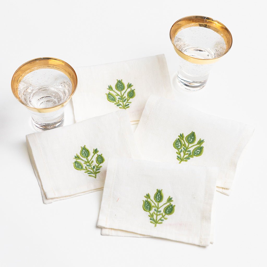 Pomegranate Trio Green Linen Cocktail Napkin | Set of 4 - Pomegranate