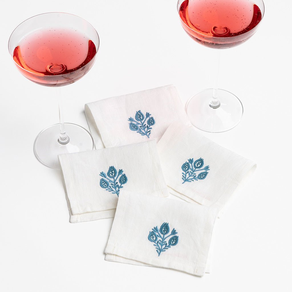 Pomegranate Trio Teal Linen Cocktail Napkin | Set of 4 - Pomegranate