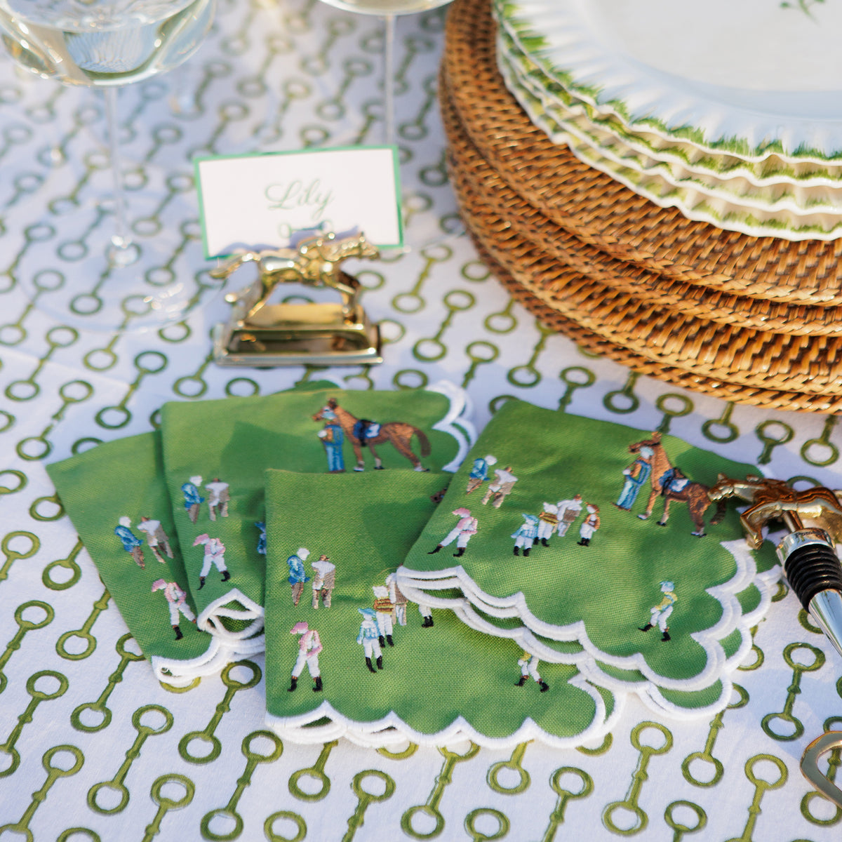 Paddock & Jockeys Green Embroidered Equestrian Cocktail Napkins