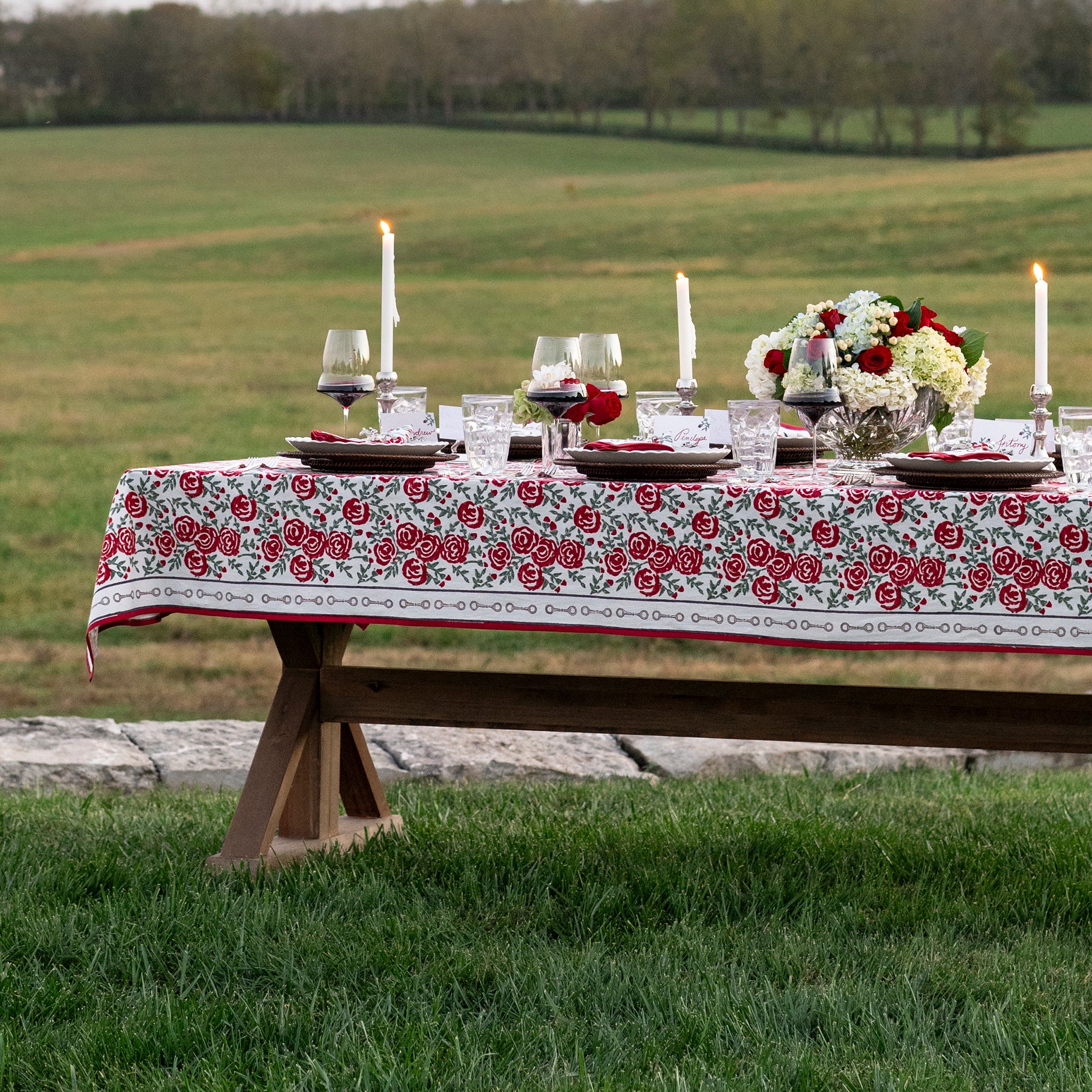 Run For The Roses 151 Equestrian Hand Block Printed Floral Tablecloth