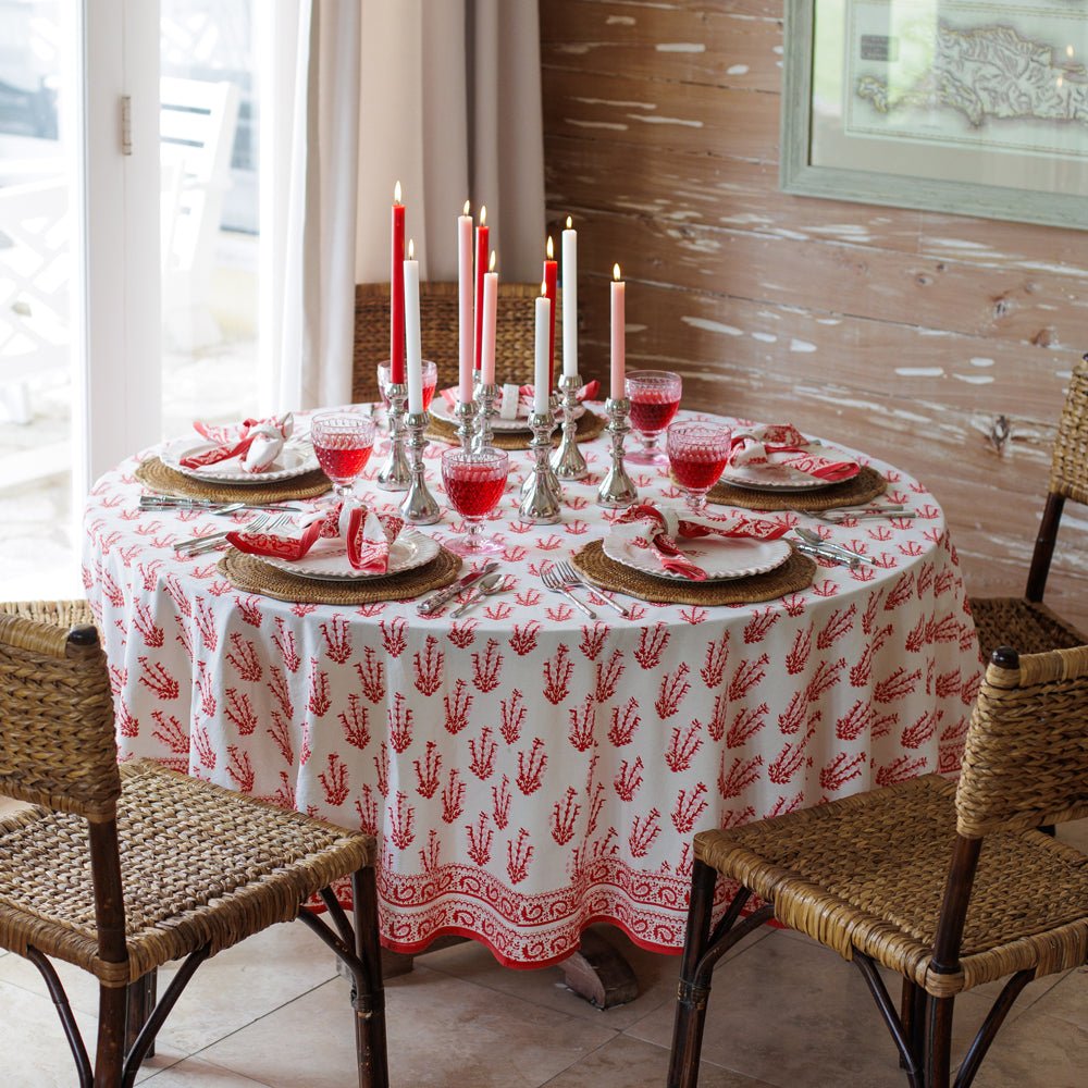 Sagar Red & Pink Tablecloth | Block Print Table Linens | Pomegranate