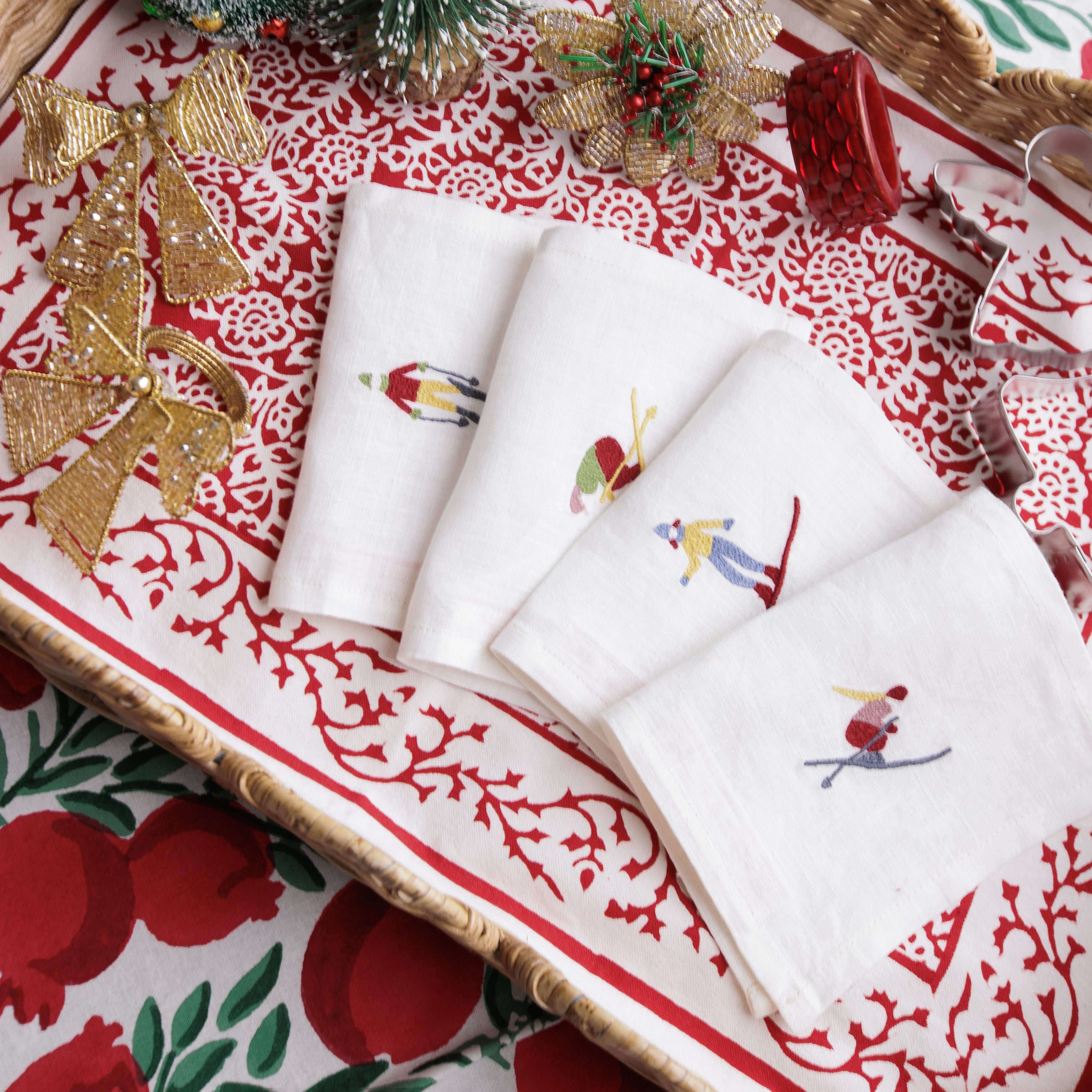 Set good of 4 Classic Santa Linen Hemstitched Cocktail Napkins cloth napkins linen napkins personalized custom embroidered coasters