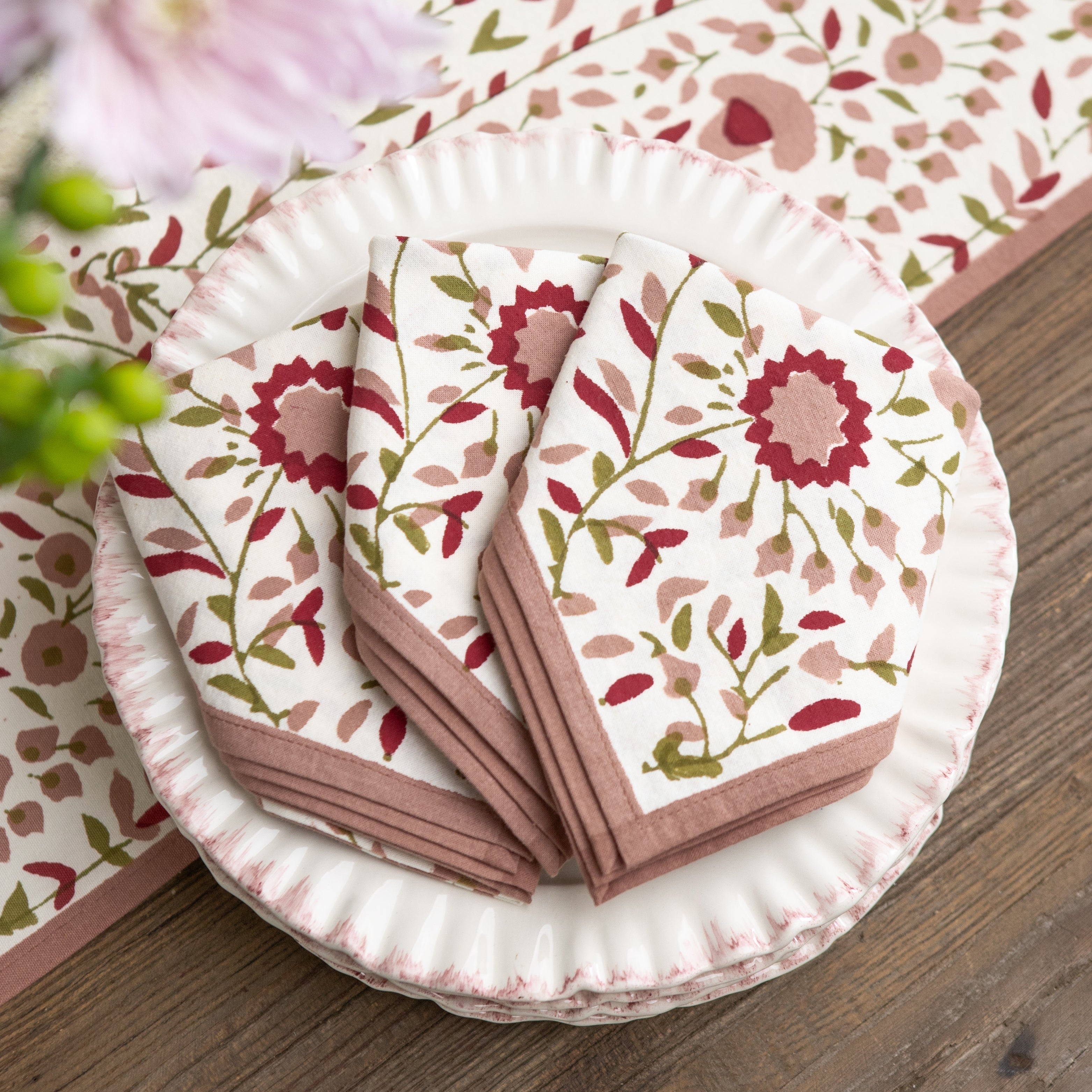 Starflower Fern & Blush Napkins – Set of 4 Block Printed 100