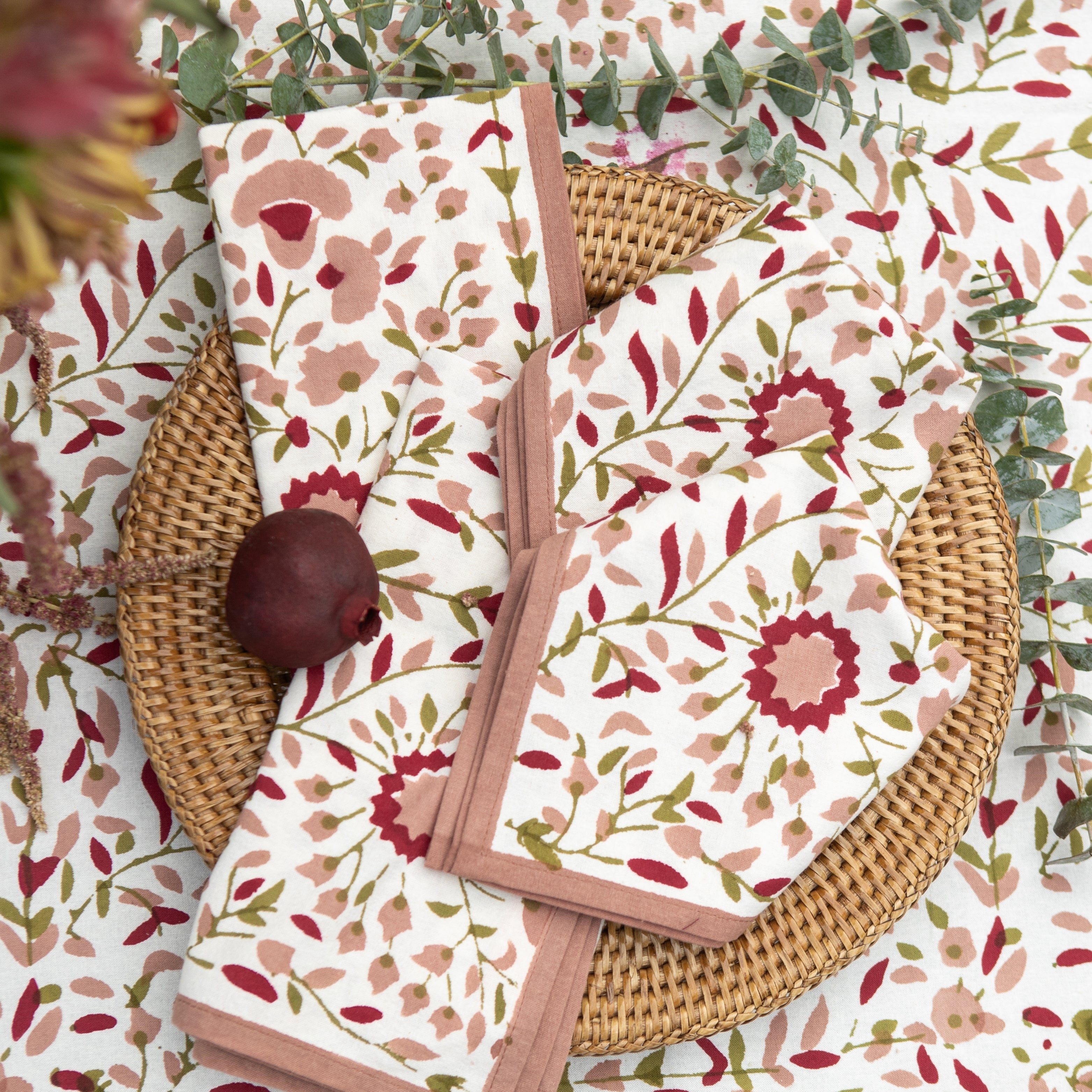 Starflower Fern & Blush Napkins – Set of 4 Block Printed 100