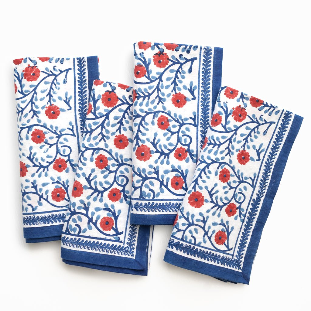 Stephanie Red & Blue Napkin | Set of 4 - Pomegranate