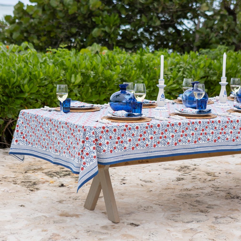 Stephanie Red & Blue Tablecloth - Pomegranate