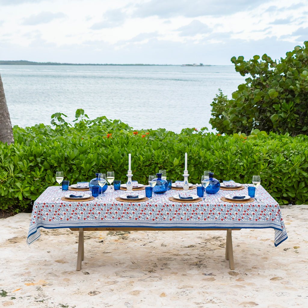 Stephanie Red & Blue Tablecloth - Pomegranate