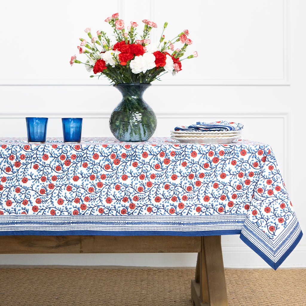 Stephanie Red & Blue Tablecloth - Pomegranate